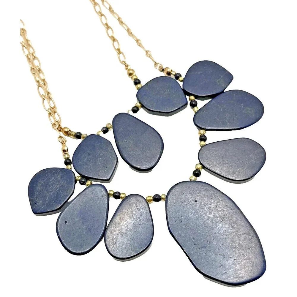 Vintage Blue Dragon Vein Bib Necklace Gold Tone Double Chain Statement 18